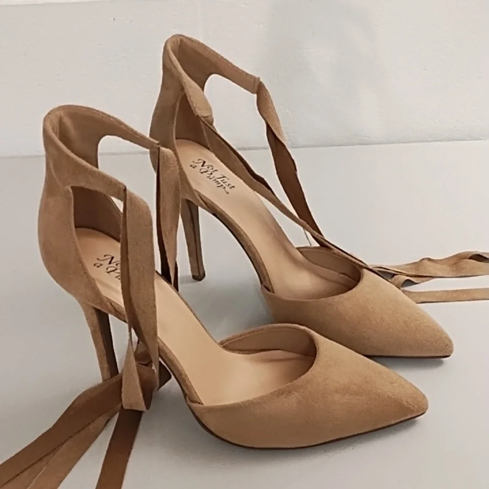 Not Just A Pump 7 Vegan Tan Suede High Heel Ankle Tie Boho Dress Shoe Jean Shoe